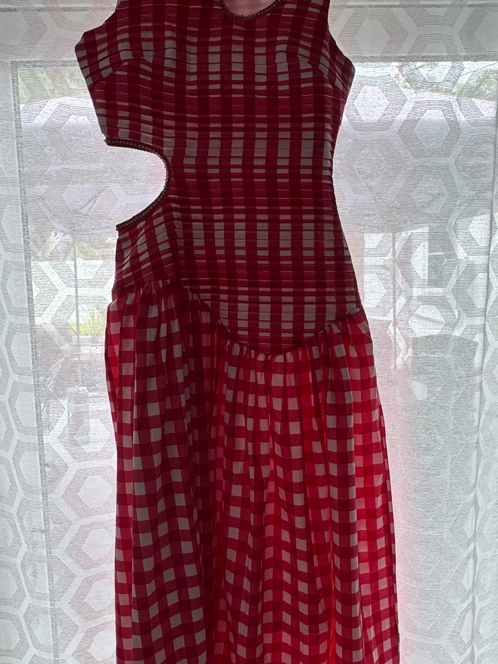 Women’s Red Checkered Maxi Dress with Side Cutout